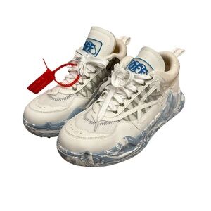 Off White and Blue Sneakers with Red Tag